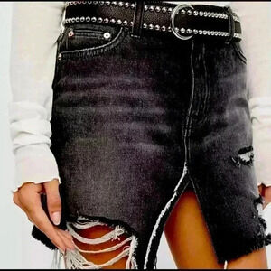Free People We the Free Black Demin Destroyed Mini Skirt New with tags